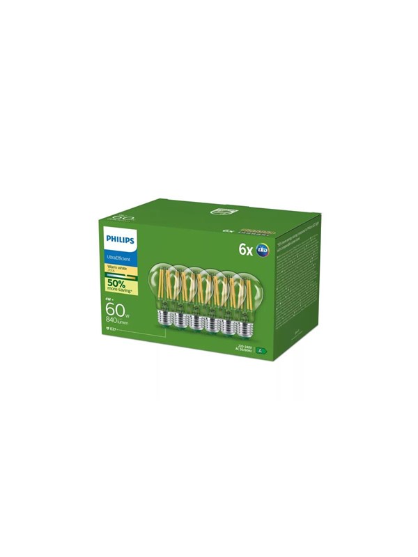 Philips LED-lyspære Ultra Efficient A60 4W/827 (60W) Clear 6-pack E27