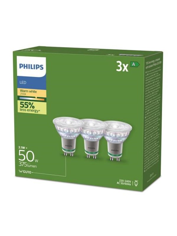 Philips LED-lyspære Ultra Efficient 2,1W/827 (50W) 36° 3-pack GU10