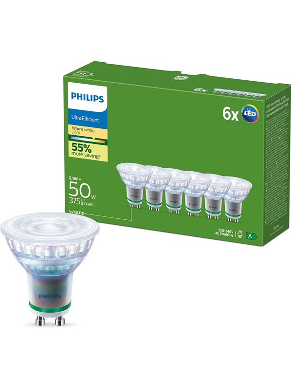 Philips LED-lyspære Ultra Efficient 2.1W/827 (50W) 36° 6-pack GU10