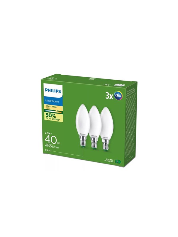 Philips LED-lyspære Ultra Efficient B35 2.3W/827 (40W) Frosted 3-pack E14