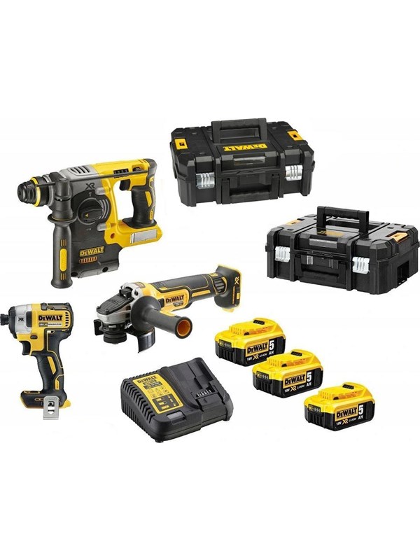 DeWalt DCK305P3T-QW Batteriløs slagnøkkel Batteriløs hammerborer Batteriløs vinkelsliper 18 V 5,0 Ah (DCK305P3T-QW)