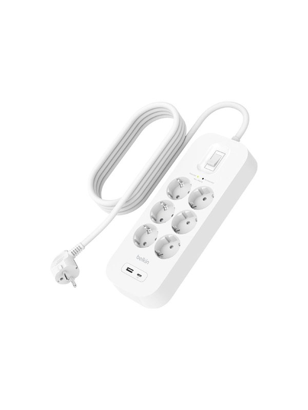 Strømforgrener 6x uttak og  2x USB 2m (hvit)