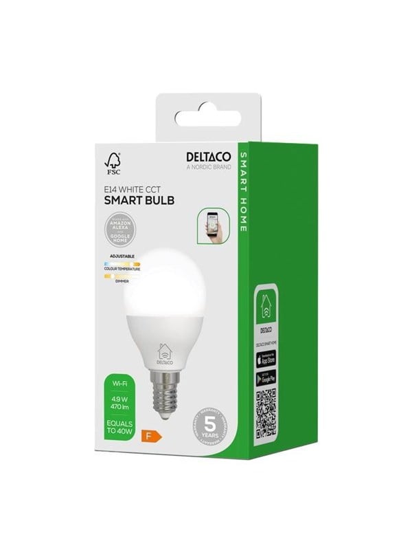 Deltaco LED-pære, E14, dimbar, 2700K-6500K, G45, 4,9W, WiFi