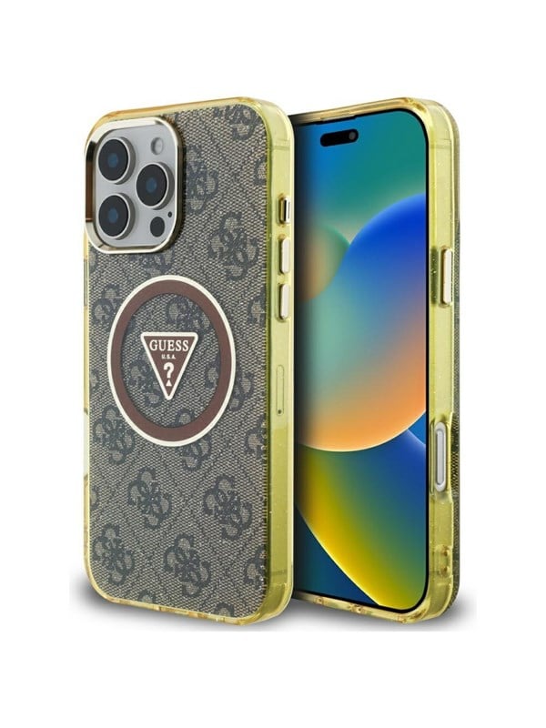 GUESS IML Metal Glitter 4G Circle Triangle MagSafe Case for iPhone 16 Pro - Brown