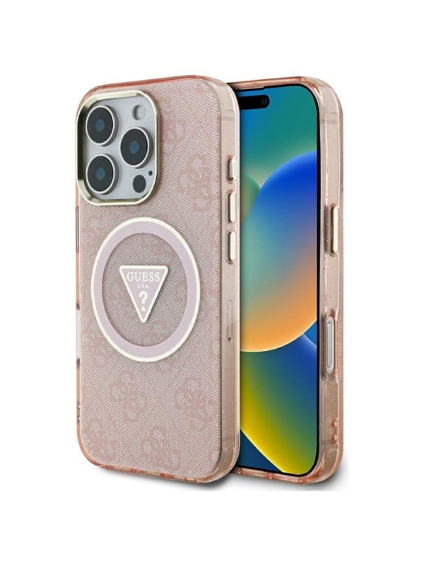 GUESS IML Metal Glitter 4G Circle Triangle MagSafe Case for iPhone 16 Pro - Pink