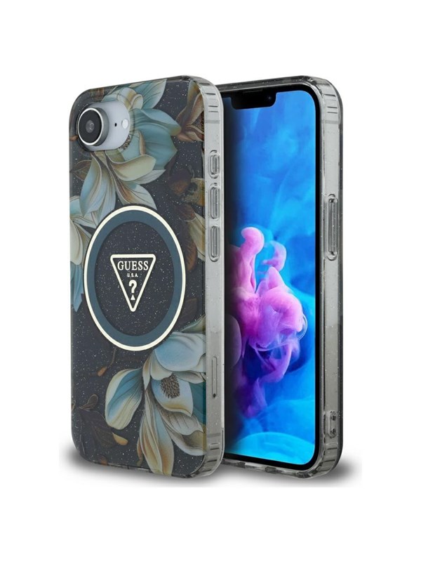 GUESS IML Metal Glitter Flowers Triangle MagSafe case for iPhone 16e - black