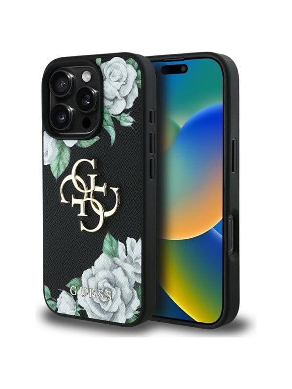 GUESS Grained Roses Big 4G logo iPhone 16 Pro case - black
