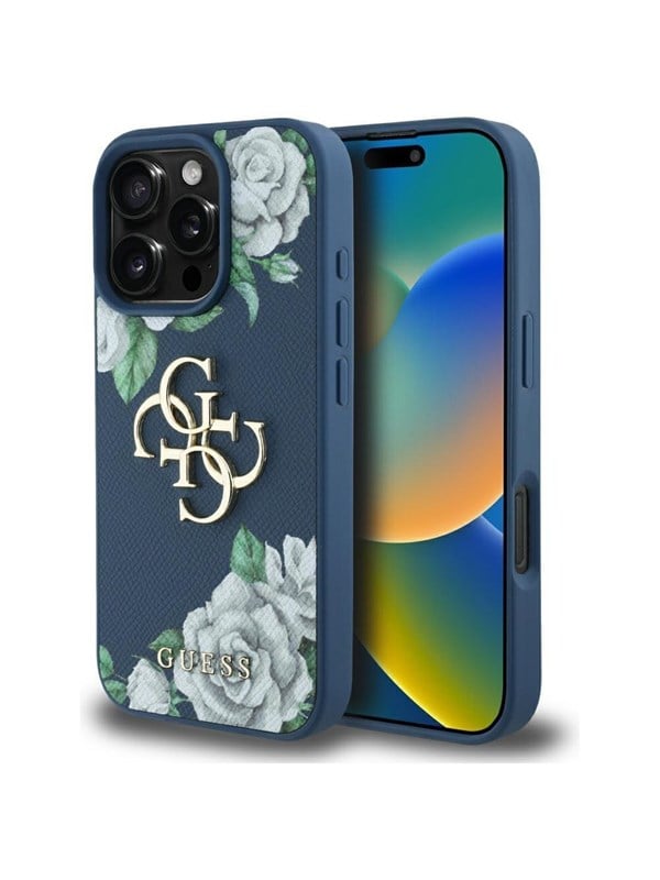 GUESS Grained Roses Big 4G logo case for iPhone 16 Pro - blue