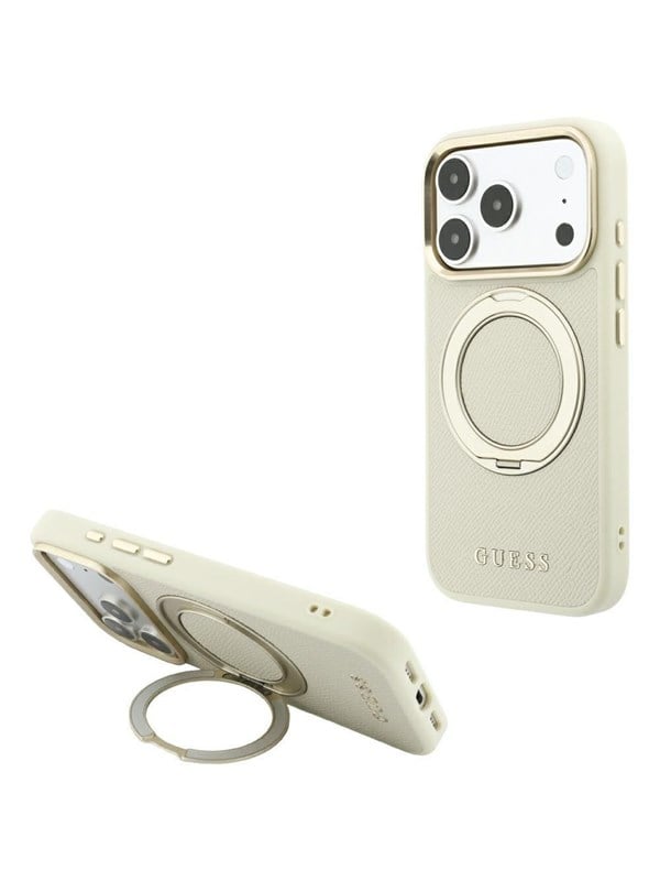 GUESS Ring Stand 360 Grained Classic Logo MagSafe Case for iPhone 18 Pro / 17 Pro - Beige
