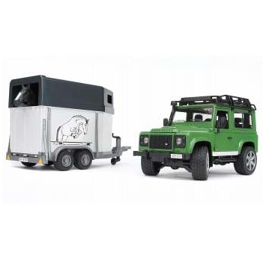 Leketøysbil - Bruder Land Rover Defender Station Wagon with horse trailer + 1 horse - 02592