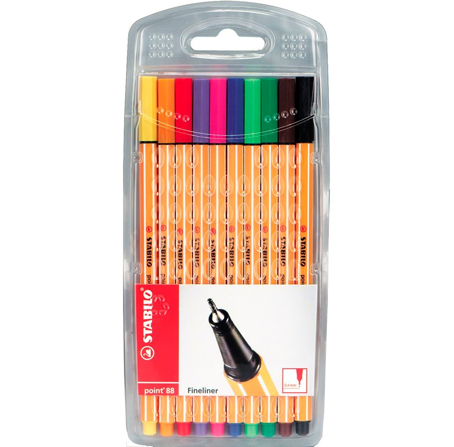 Skrive- & Tegneverktøy - STABILO Point 88 sæt med 10 fine line penne ass. farver. Universal pen med metal rørspids stregbredde 0.4 mm. God til brug med lineal og tegneskabeloner - 8810
