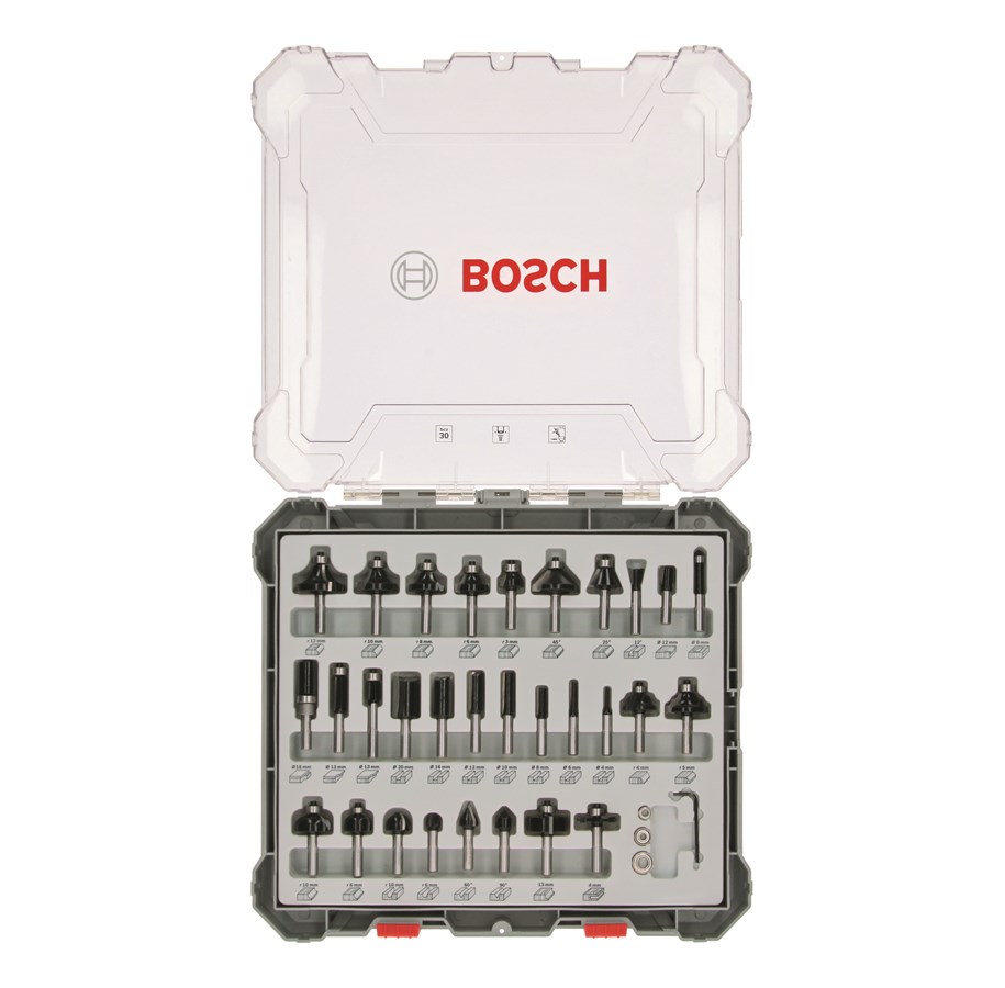 Freser - Bosch Sett med fresejern, 30 deler, blandet, 8 mm skaft 30-piece Mixed Application Router Bit Set. - 2607017475