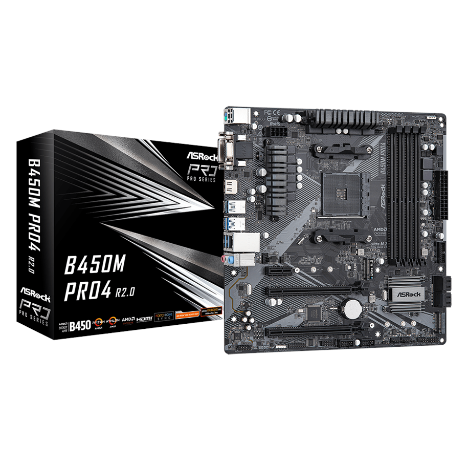 Hovedkort - ASRock B450M Pro4 R2.0 Hovedkort - AMD B450 - AMD AM4 socket - DDR4 RAM - Micro-ATX - 90-MXBEG0-A0UAYZ