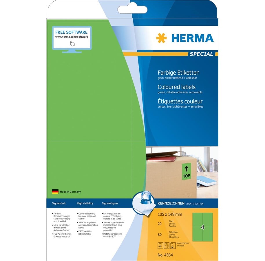 Papir, Fotopapir & Etiketter - HERMA Coloured labels A4 105 x 148 mm green removable - 4564