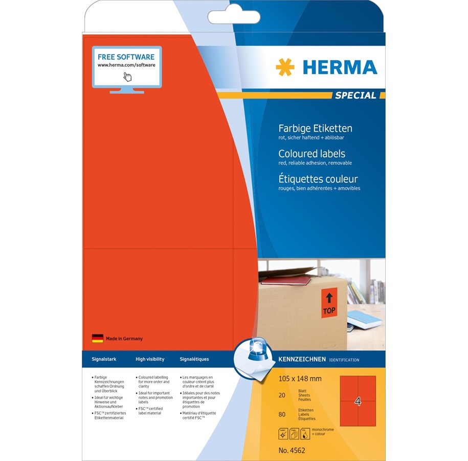 Papir, Fotopapir & Etiketter - HERMA Coloured labels A4 105 x 148 mm red removable - 4562