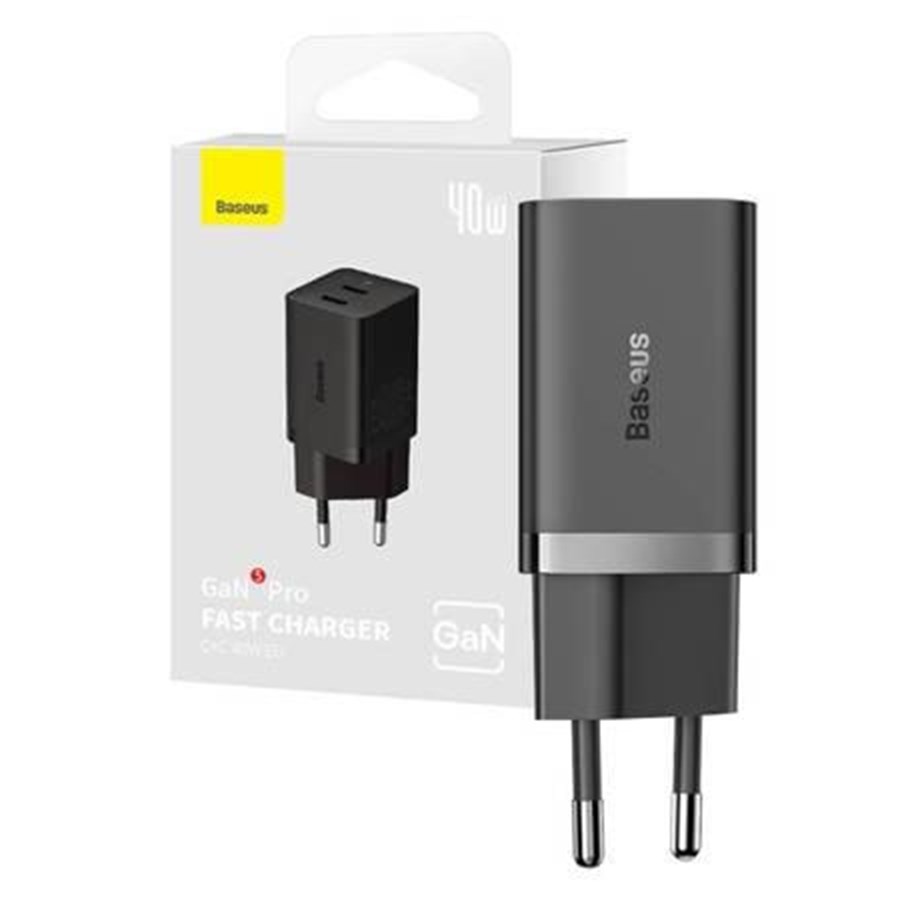 Mobil - Adaptere og ladere - Baseus 40W 2xUSB-C Wall Charger GaN5 - Black - CCGP180101