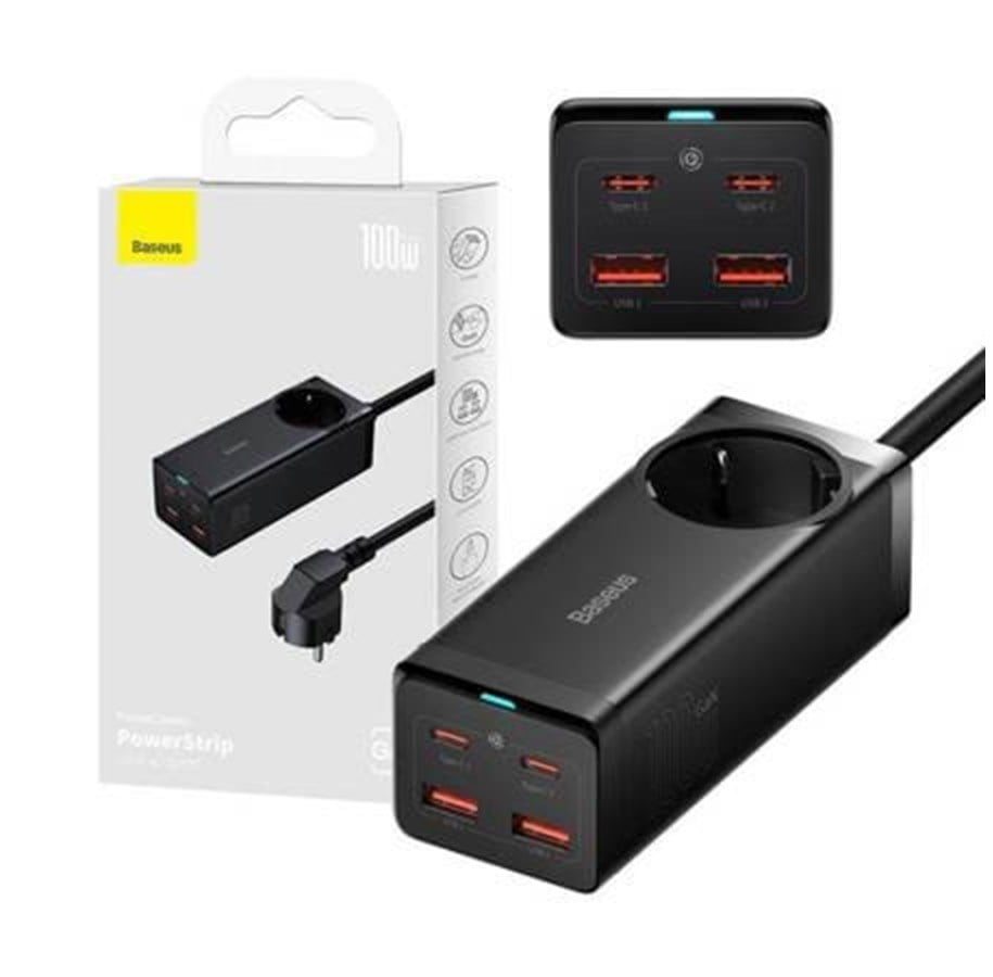 USB-hub - Baseus GaN3 Pro wall charger / powerstrip 2xUSB + 2xUSB-C + AC 100W (black) USB-hub - 5 porter - Svart - PSZM000401