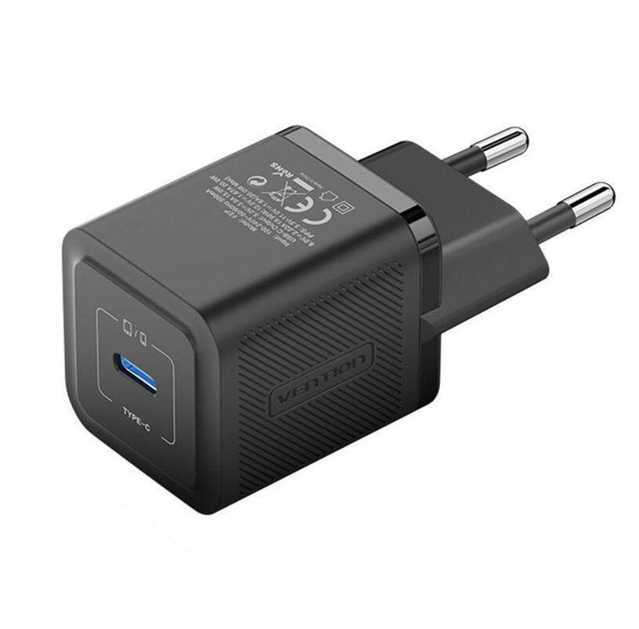 Mobil - Adaptere og ladere - Vention Wall charger FEPB0-EU USB-C 20W GaN (black) - FEPB0-EU