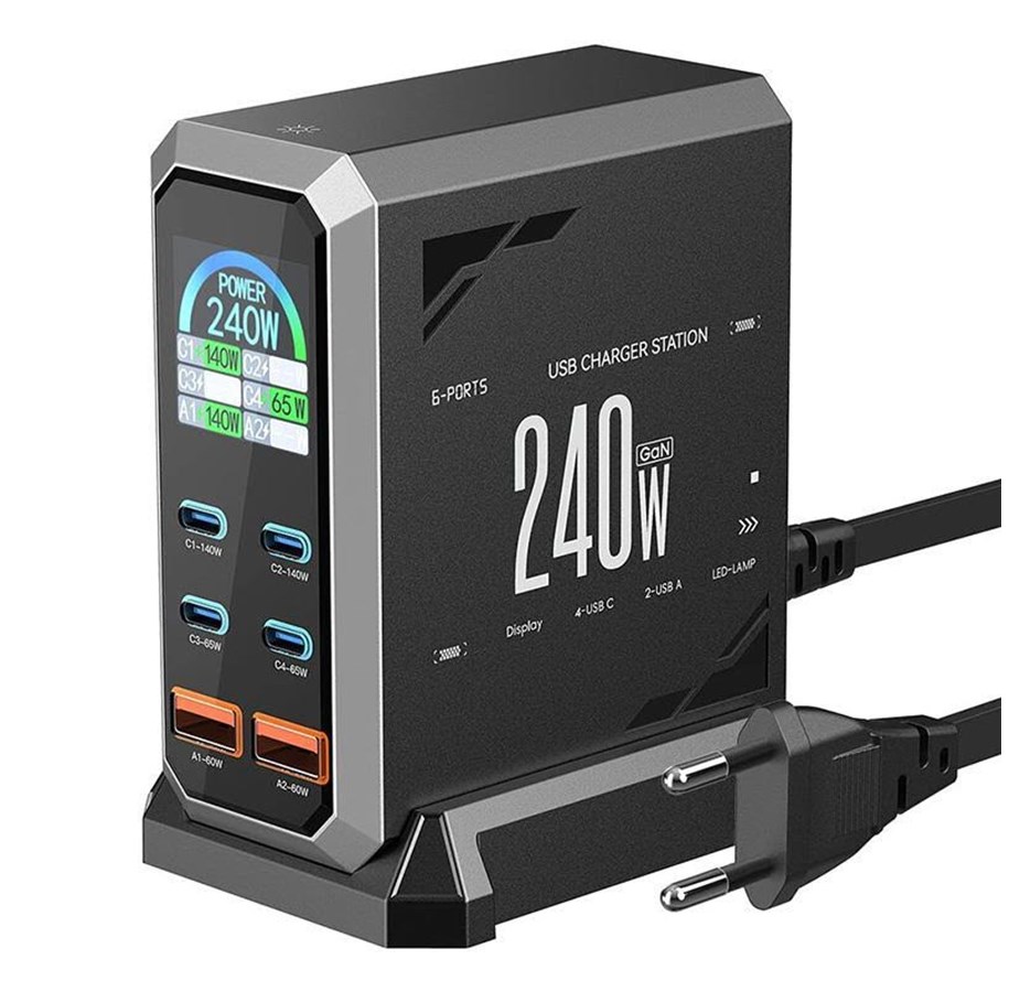 Mobil - Adaptere og ladere - BlitzWolf BW‑S31 240W 6‑Port USB‑C + USB‑A PD Desktop Charger - BW-S31
