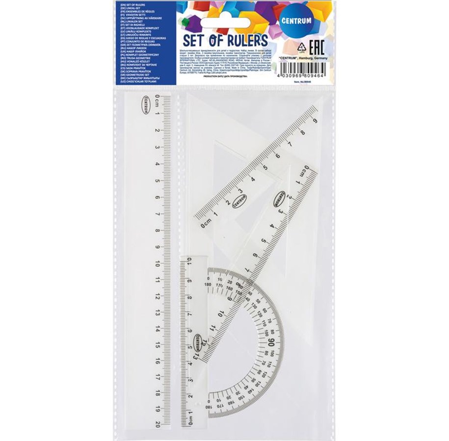 Skoleutstyr - CENTRUM Geometry set 20cm. 4 pieces. Clear plastic - 80946