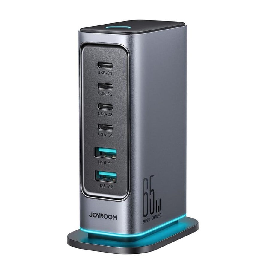 USB-hub - Joyroom JR-TCM02 GaN 65W charger charging station 4xUSB-C 2xUSB-A UK plug - gray USB-hub - 6 porter - Grå - JR-TCM02-UK