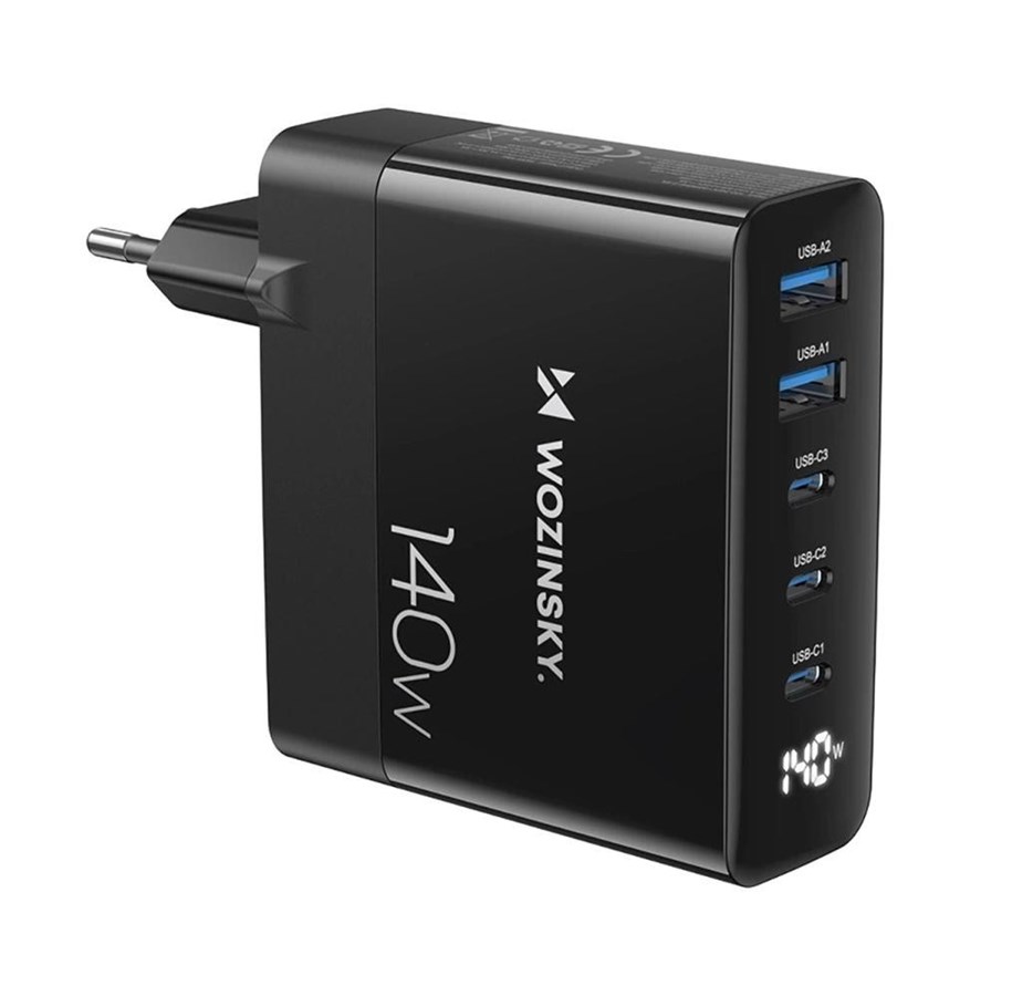 Mobil - Adaptere og ladere - Wozinsky CGWCB 140W GaN AC Charger 3 x USB-C / 2 x USB-A - Black - 5907769308635