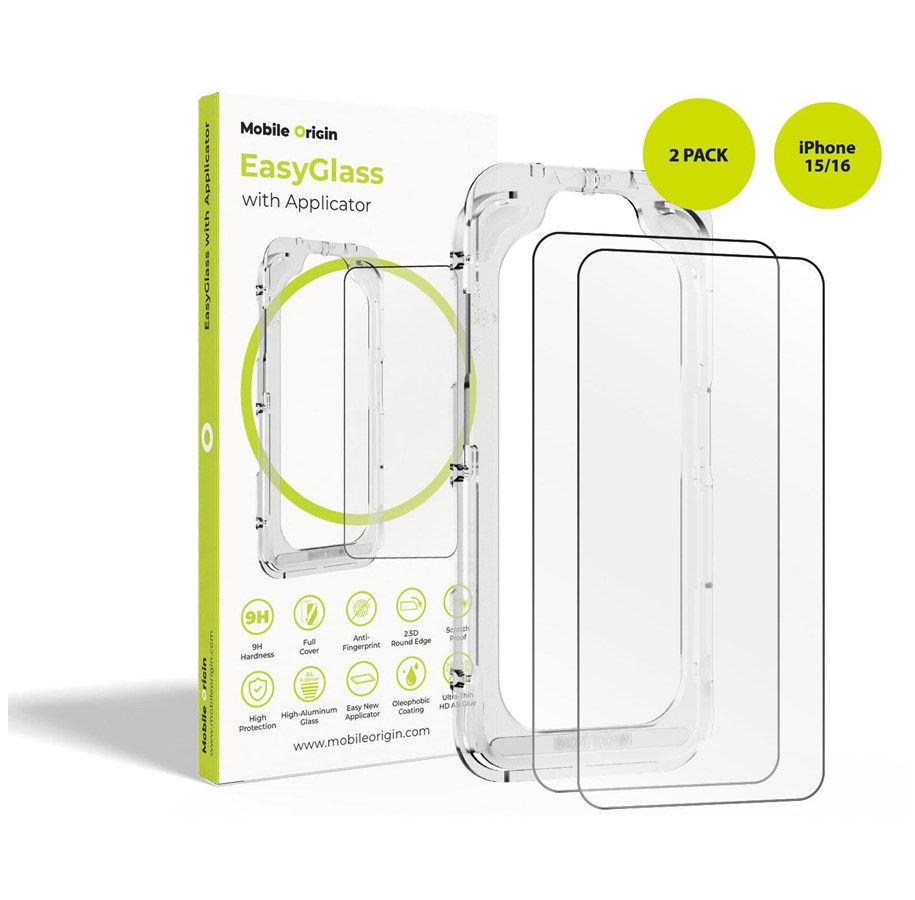Mobil - Beskyttelsesglass - Mobile Origin EasyGlass with Applicator iPhone 15/16 - 2 pack - EGA-i16-2pk