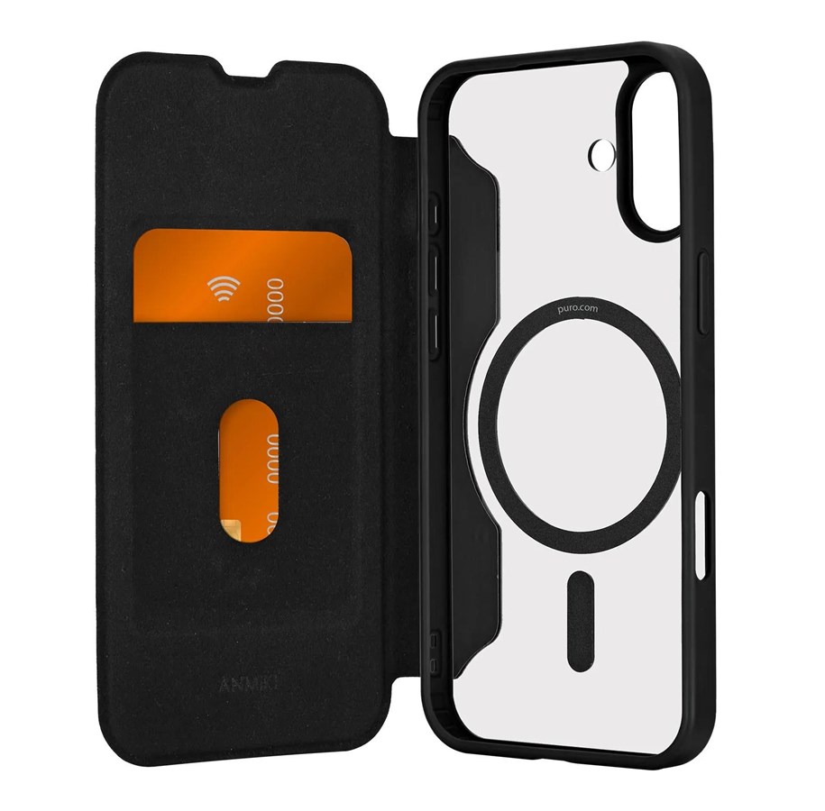 Mobil - Deksel og etui - Puro Book Mag MagSafe Leather Case with Flap and Card Slot for iPhone 16 Plus - Black - PUIPC1667BKMAGBLK