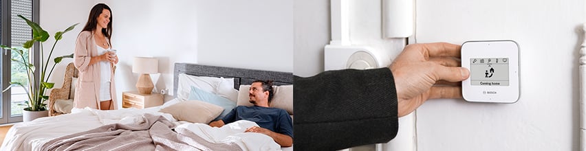 Par på soverom og hånd som trykker på Bosch Smart Home Universal Switch II med Coming home-scenario aktivert