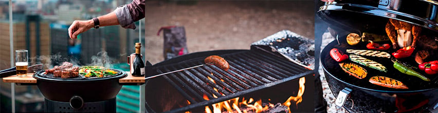 Tre bilder av krydring av grillmat, en pølse som stekes over kull, og grønnsaker grillet i en rund grill.