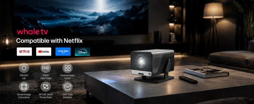HP Whale TV Smart Projektor – kompatibel med Netflix, YouTube, Prime Video og Disney+ – FHD 1080p med 230° rotasjon
