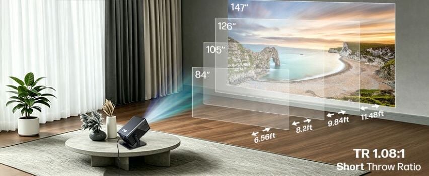 HP Smart Projektor med Short Throw Ratio 1.08:1 – projiserer opptil 147 tommer bilde i stuen fra kort avstand