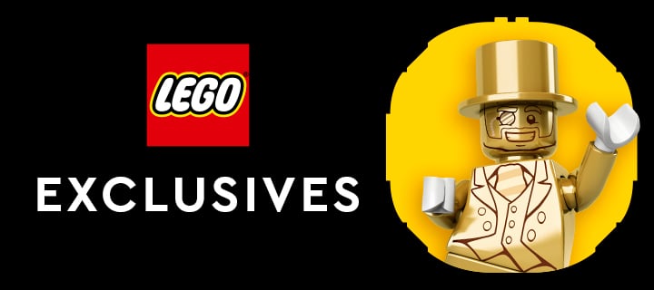 LEGO Exclusives-banner med LEGO-logo og gullfarget Mr. Gold-minifigur med flosshatt og monokkel