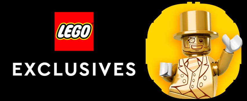 LEGO Exclusives-banner med LEGO-logo og gullfarget Mr. Gold-minifigur med flosshatt og monokkel