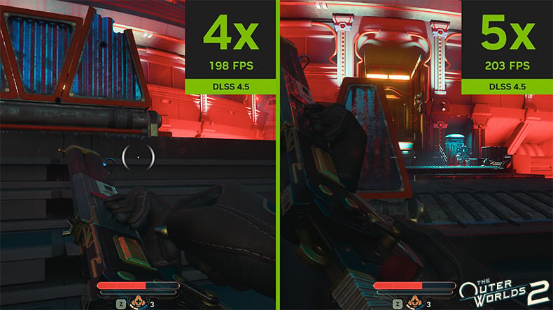 The Outer Worlds 2 split-screen sammenligning av DLSS 4.5 dynamisk multirammegenerering ved 4x 198 FPS mot 5x 203 FPS