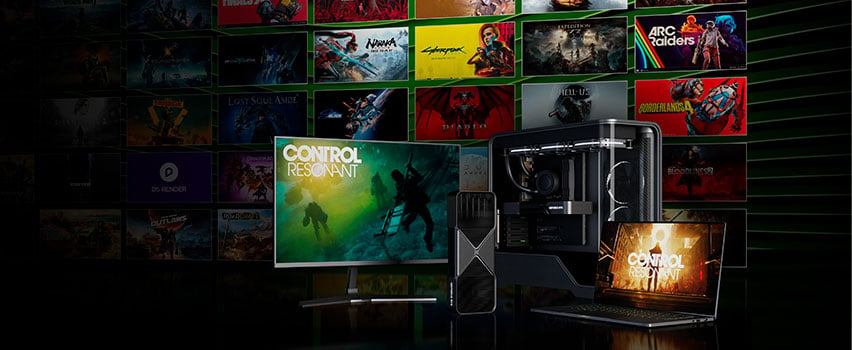 GeForce RTX 50-serien GPU, stasjonær PC og laptop som viser CONTROL Resonant omgitt av DLSS 4.5-støttede spilltitler