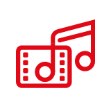 Noter og film som et rødt ikon på hvit bakgrunn