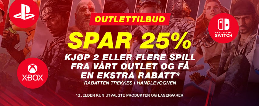 Bilder fra populære dataspill og logoer, med tekst om tilbud på dataspill