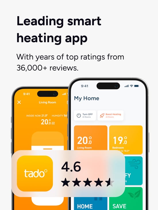 tado° smart varmeapp på to smarttelefoner med 4,6 stjerner fra over 36 000 anmeldelser