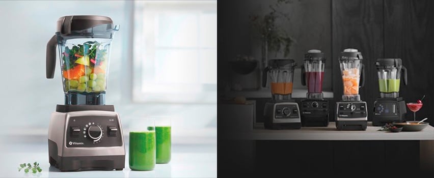 Vitamix blender fylt med friske grønnsaker og grønn juice ved siden av fire Vitamix-modeller med fargerike smoothies