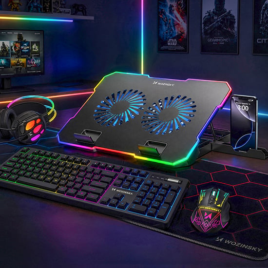 Wozinsky gaming-oppsett med RGB-belyst laptop-kjøler, tastatur, mus, headset og musematte i mørkt rom