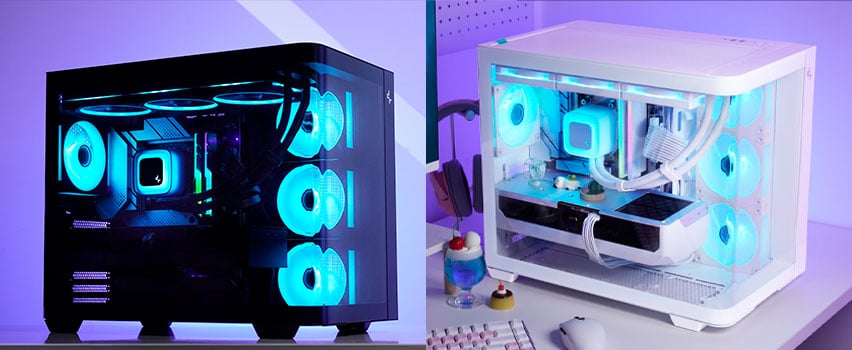 DeepCool CH160 PLUS bærbart M-ATX-kabinett i hvitt med AIO-vannkjøling og rødt kabinett med luftkjøling