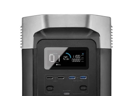 EcoFlow X-Stream hurtiglading – nærbilde av DELTA kraftstasjonsdisplay med 25 minutters ladetid