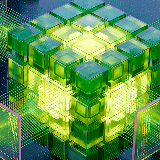 Glødende grønne kuber i 3D som illustrerer NVIDIA RTX Spark som ny standard for AI på PC