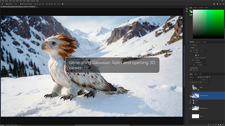 AI-agent genererer Gaussian Splat og 3D-visning av et fantasivesen i et bilderedigeringsprogram