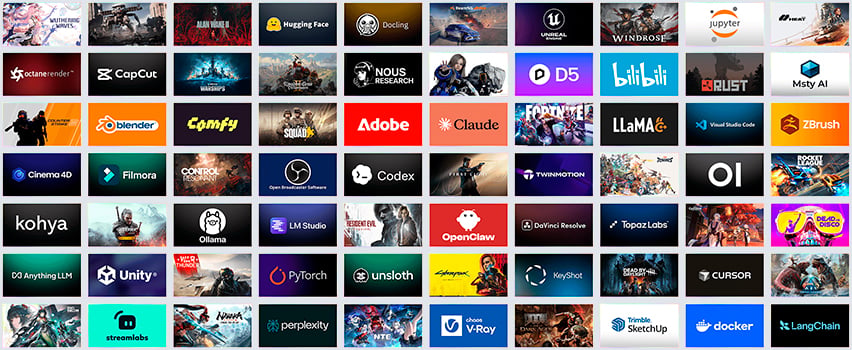 Oversikt over apper og spill som støttes av NVIDIA RTX Spark, blant annet Adobe, Blender, Unreal Engine og Fortnite