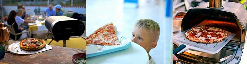 Utendørs pizzaovner i bruk til fester, sosialt samvær og barnevennlige måltider med fokus på nystekt pizza.