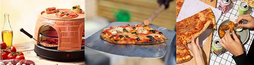 Mini pizzaovn i terrakottastil for hjemmekoselig komfort, kombinert med utendørs pizza og uformell fellesspisning med snacks.