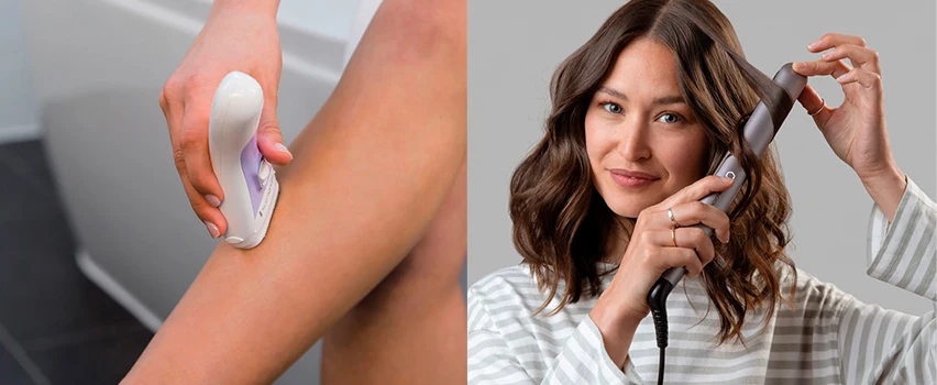 Remington hårfjerning og styling – kvinne bruker Remington lady shaver på ben og kvinne krøller hår med Remington krølltang